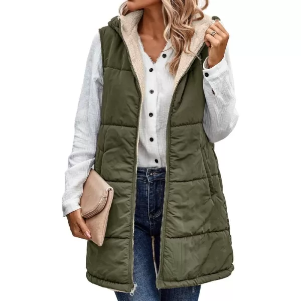 ECOWISH Women Long Puffer Vest Fall Zip up Reversible Fleece Jacket 2024 Winter Warm Sleeveless Hooded Coat with PocketsArmy Green