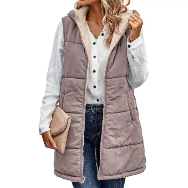 ECOWISH Women Long Puffer Vest Fall Zip up Reversible Fleece Jacket 2024 Winter Warm Sleeveless Hooded Coat with PocketsBean Paste Pink