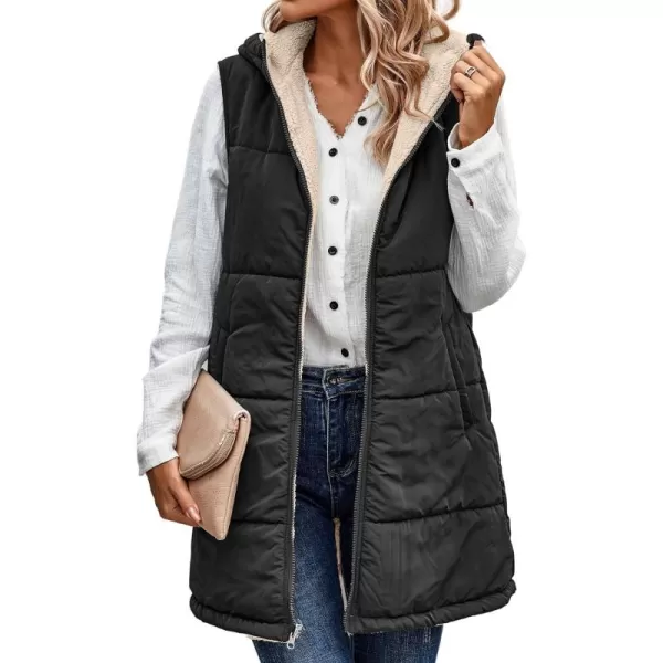 ECOWISH Women Long Puffer Vest Fall Zip up Reversible Fleece Jacket 2024 Winter Warm Sleeveless Hooded Coat with PocketsBlack