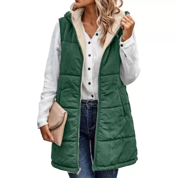 ECOWISH Women Long Puffer Vest Fall Zip up Reversible Fleece Jacket 2024 Winter Warm Sleeveless Hooded Coat with PocketsGreen