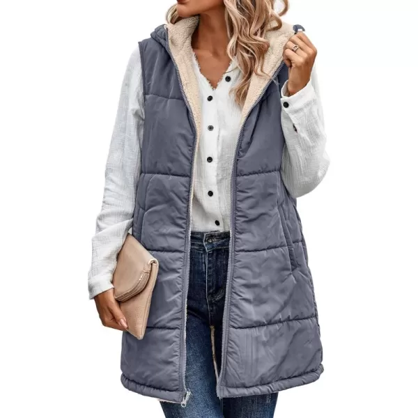 ECOWISH Women Long Puffer Vest Fall Zip up Reversible Fleece Jacket 2024 Winter Warm Sleeveless Hooded Coat with PocketsGrey Blue