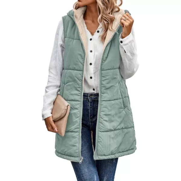 ECOWISH Women Long Puffer Vest Fall Zip up Reversible Fleece Jacket 2024 Winter Warm Sleeveless Hooded Coat with PocketsGrey Green