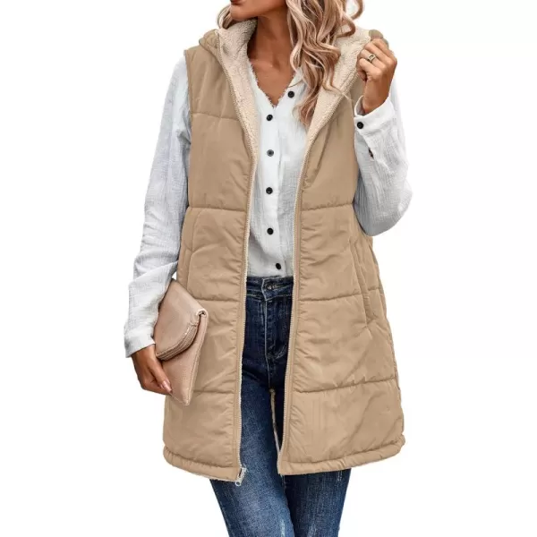 ECOWISH Women Long Puffer Vest Fall Zip up Reversible Fleece Jacket 2024 Winter Warm Sleeveless Hooded Coat with PocketsLight Camel