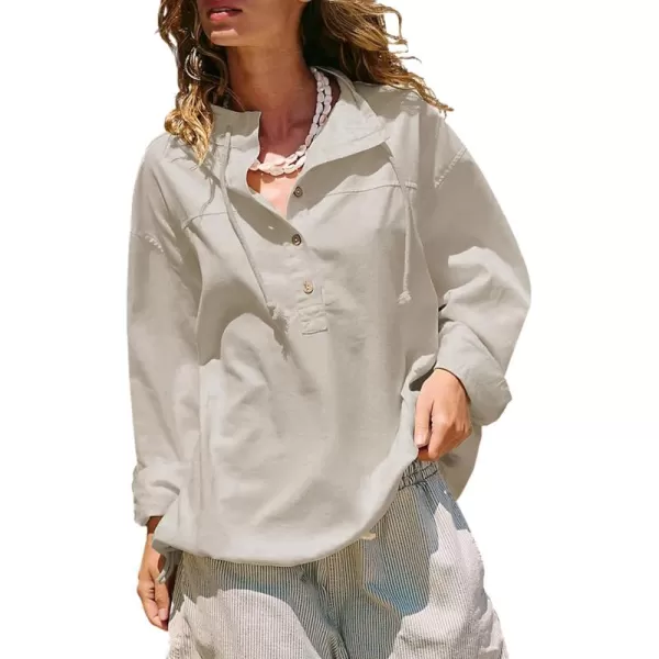 ECOWISH Women Long Sleeve Tops Casual Fall Button Down Shirts Trendy V Neck Blouses Spring Pocket Pullovers Fashion OutfitsBeige
