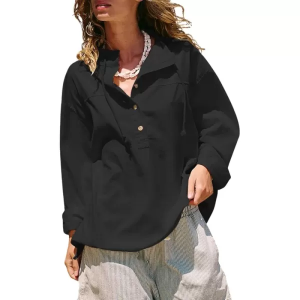 ECOWISH Women Long Sleeve Tops Casual Fall Button Down Shirts Trendy V Neck Blouses Spring Pocket Pullovers Fashion OutfitsBlack
