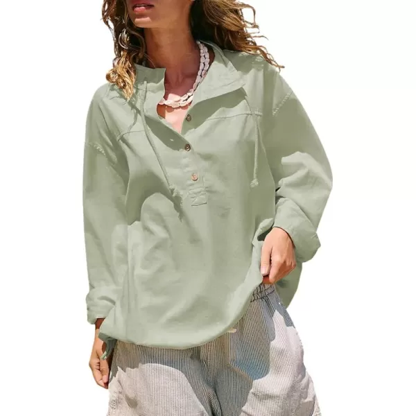 ECOWISH Women Long Sleeve Tops Casual Fall Button Down Shirts Trendy V Neck Blouses Spring Pocket Pullovers Fashion OutfitsGreen
