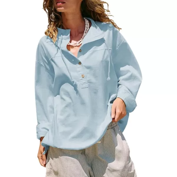 ECOWISH Women Long Sleeve Tops Casual Fall Button Down Shirts Trendy V Neck Blouses Spring Pocket Pullovers Fashion OutfitsSky Blue