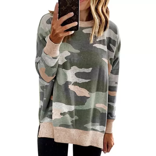 ECOWISH Women Side Split Sweatshirt Fall Crewneck Long Sleeve Oversized Camo Shirts Casual Camouflage Print Pullover Tops017 Beige