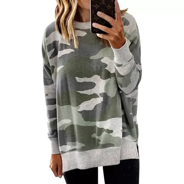 ECOWISH Women Side Split Sweatshirt Fall Crewneck Long Sleeve Oversized Camo Shirts Casual Camouflage Print Pullover Tops017 Gray Green