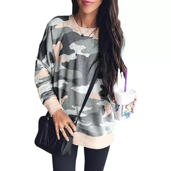 ECOWISH Women Side Split Sweatshirt Fall Crewneck Long Sleeve Oversized Camo Shirts Casual Camouflage Print Pullover Tops233 Army Green