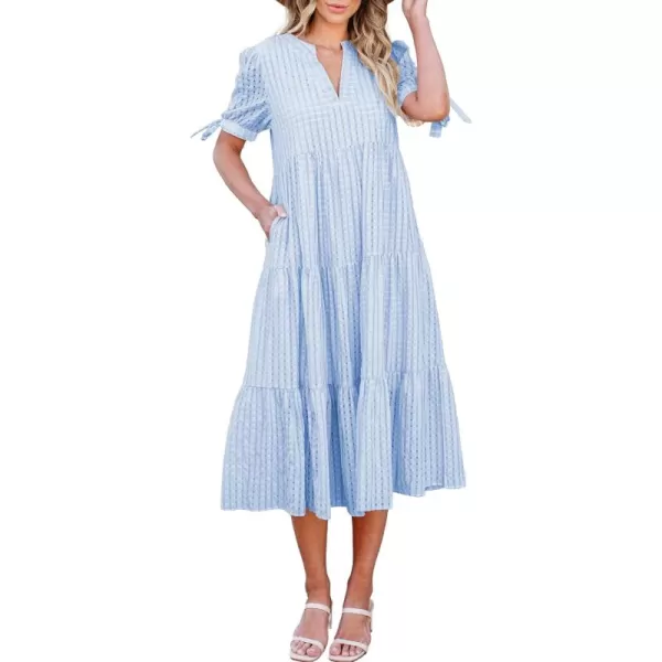 ECOWISH Women Summer Casual Dress  V Neck Short Sleeve Gingham Midi Pleated Tiered Loose Fit Holiday Picnic DressesLight Blue