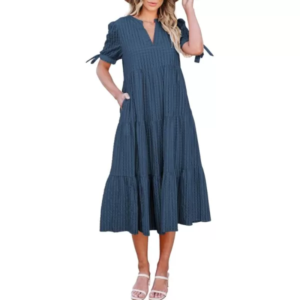 ECOWISH Women Summer Casual Dress  V Neck Short Sleeve Gingham Midi Pleated Tiered Loose Fit Holiday Picnic DressesNavy Blue