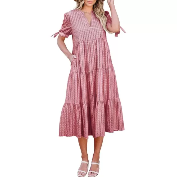 ECOWISH Women Summer Casual Dress  V Neck Short Sleeve Gingham Midi Pleated Tiered Loose Fit Holiday Picnic DressesRed