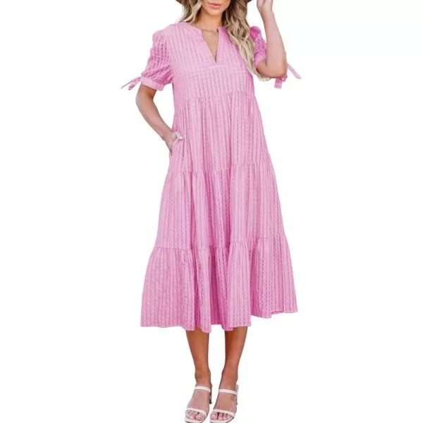 ECOWISH Women Summer Casual Dress  V Neck Short Sleeve Gingham Midi Pleated Tiered Loose Fit Holiday Picnic DressesRose Pink