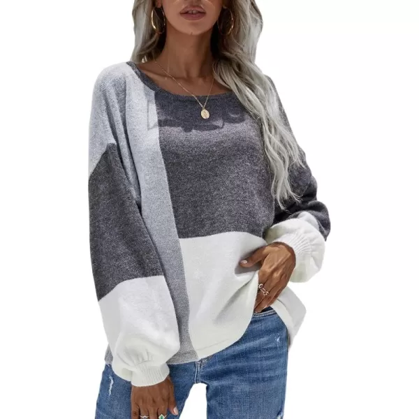 ECOWISH Women Sweater Long Sleeve Color Block Knit Pullover Sweaters Crew Neck Patchwork Casual Loose Jumper Tops196 Gray