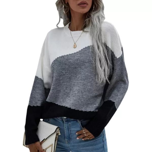 ECOWISH Women Sweater Long Sleeve Color Block Knit Pullover Sweaters Crew Neck Patchwork Casual Loose Jumper Tops216 Gray