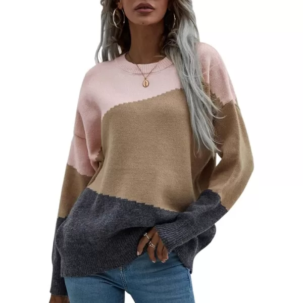 ECOWISH Women Sweater Long Sleeve Color Block Knit Pullover Sweaters Crew Neck Patchwork Casual Loose Jumper Tops216 Khaki