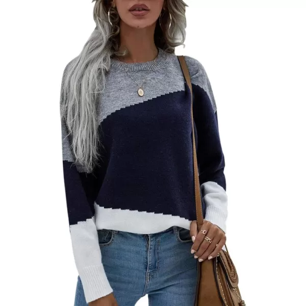 ECOWISH Women Sweater Long Sleeve Color Block Knit Pullover Sweaters Crew Neck Patchwork Casual Loose Jumper Tops216 Navy