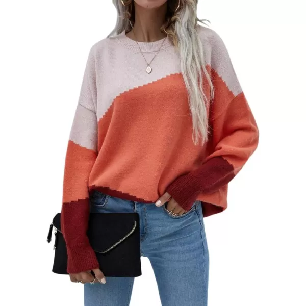 ECOWISH Women Sweater Long Sleeve Color Block Knit Pullover Sweaters Crew Neck Patchwork Casual Loose Jumper Tops216 Orange