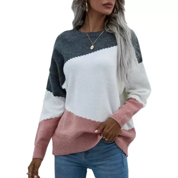 ECOWISH Women Sweater Long Sleeve Color Block Knit Pullover Sweaters Crew Neck Patchwork Casual Loose Jumper Tops216 White
