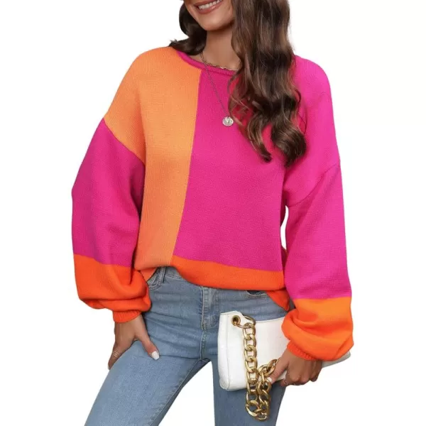 ECOWISH Women Sweater Long Sleeve Color Block Knit Pullover Sweaters Crew Neck Patchwork Casual Loose Jumper Tops333 Hot Pink