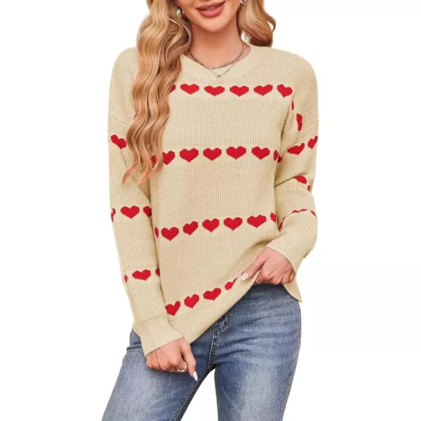 ECOWISH Women Valentine Heart Sweater V Neck Embroidery Knit Loose Casual Long Sleeve Ribbed Pullover Sweaters3412 Beige