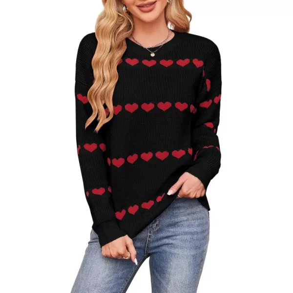 ECOWISH Women Valentine Heart Sweater V Neck Embroidery Knit Loose Casual Long Sleeve Ribbed Pullover Sweaters3412 Black