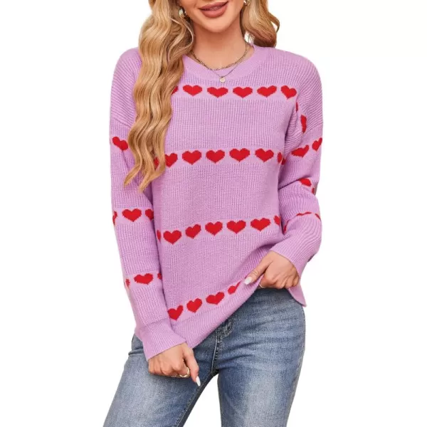 ECOWISH Women Valentine Heart Sweater V Neck Embroidery Knit Loose Casual Long Sleeve Ribbed Pullover Sweaters3412 Pink