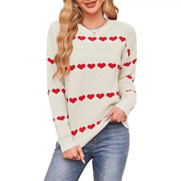 ECOWISH Women Valentine Heart Sweater V Neck Embroidery Knit Loose Casual Long Sleeve Ribbed Pullover Sweaters3412 White