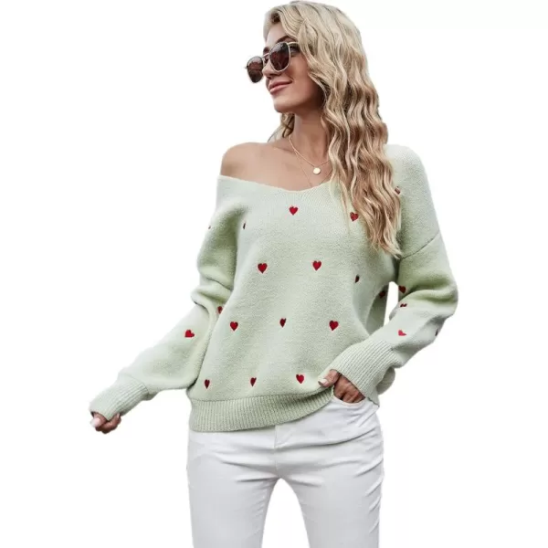 ECOWISH Women Valentine Heart Sweater V Neck Embroidery Knit Loose Casual Long Sleeve Ribbed Pullover SweatersGreen