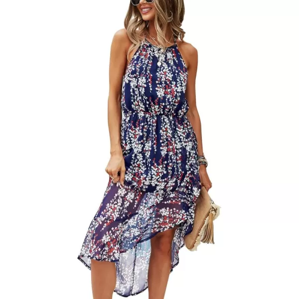 ECOWISH Womens Boho Dress Polka dot Tie Waist Irregular Cocktail Midi Dresses Sleeveless Halter Neck Sexy Sundress S3XL169 Navy Blue