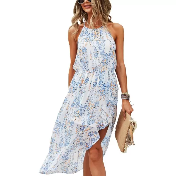 ECOWISH Womens Boho Dress Polka dot Tie Waist Irregular Cocktail Midi Dresses Sleeveless Halter Neck Sexy Sundress S3XL169 White