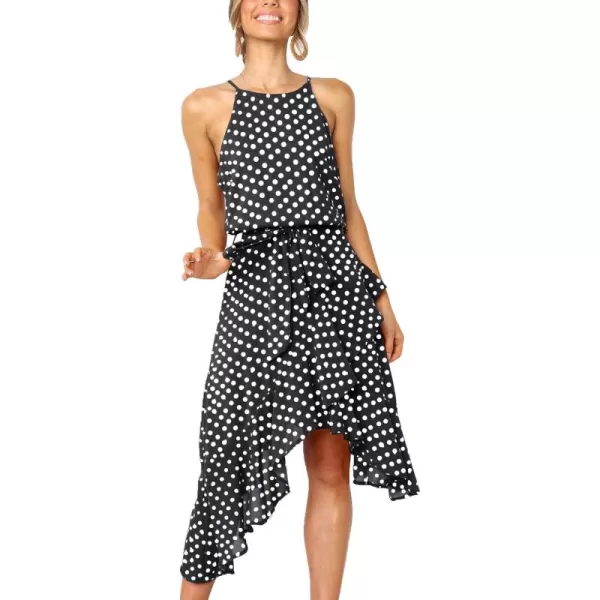 ECOWISH Womens Boho Dress Polka dot Tie Waist Irregular Cocktail Midi Dresses Sleeveless Halter Neck Sexy Sundress S3XLBlack