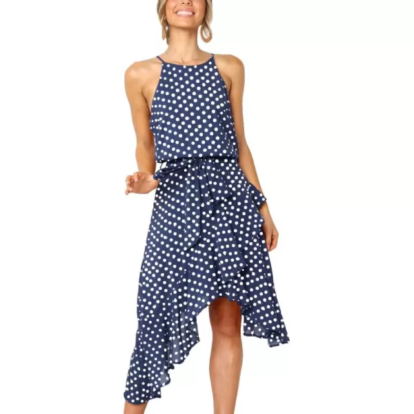 ECOWISH Womens Boho Dress Polka dot Tie Waist Irregular Cocktail Midi Dresses Sleeveless Halter Neck Sexy Sundress S3XLBlue