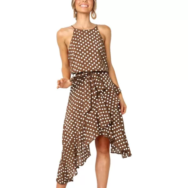 ECOWISH Womens Boho Dress Polka dot Tie Waist Irregular Cocktail Midi Dresses Sleeveless Halter Neck Sexy Sundress S3XLCoffee