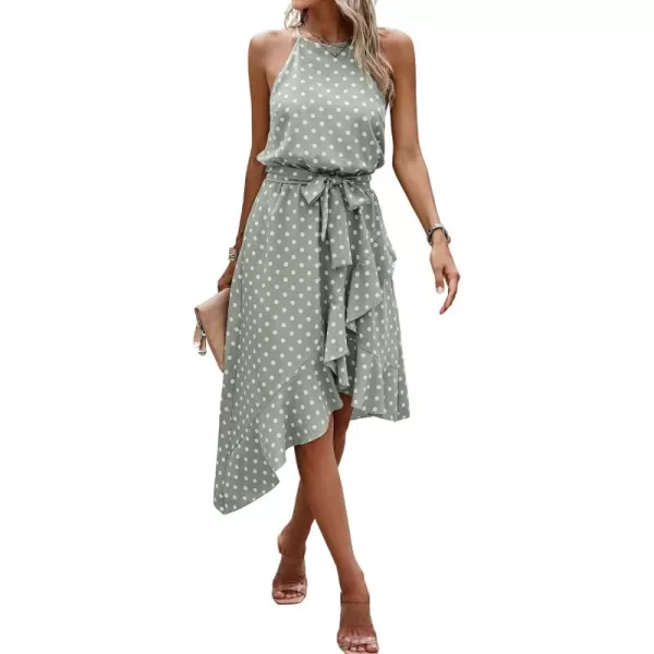 ECOWISH Womens Boho Dress Polka dot Tie Waist Irregular Cocktail Midi Dresses Sleeveless Halter Neck Sexy Sundress S3XLLight Green