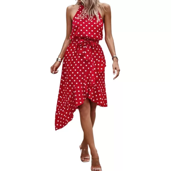 ECOWISH Womens Boho Dress Polka dot Tie Waist Irregular Cocktail Midi Dresses Sleeveless Halter Neck Sexy Sundress S3XLRed