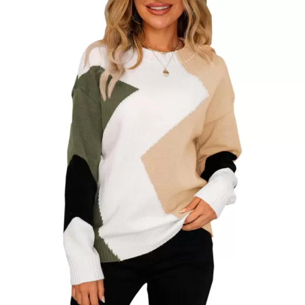 ECOWISH Womens Fall Sweater 2024  Long Sleeve Color Block Patchwork Round Neck Pullover Knit Tops Cute Casual Sweaters312 White Beige