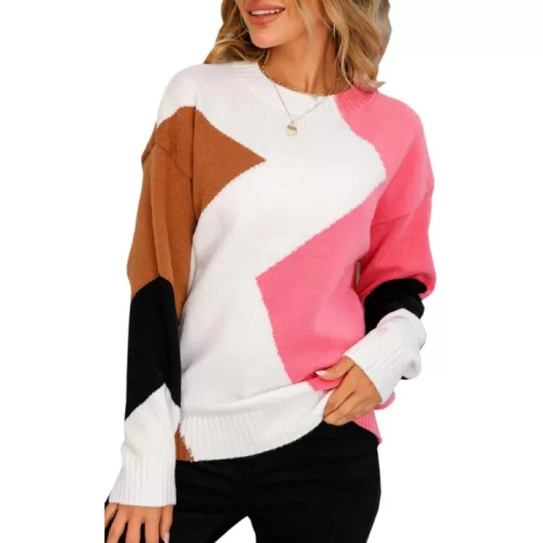 ECOWISH Womens Fall Sweater 2024  Long Sleeve Color Block Patchwork Round Neck Pullover Knit Tops Cute Casual Sweaters312 White Pink