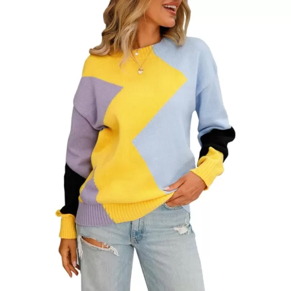 ECOWISH Womens Fall Sweater 2024  Long Sleeve Color Block Patchwork Round Neck Pullover Knit Tops Cute Casual Sweaters312 Yellow Blue