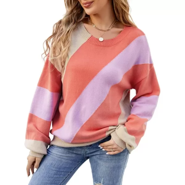 ECOWISH Womens Fall Sweater 2024  Long Sleeve Color Block Patchwork Round Neck Pullover Knit Tops Cute Casual Sweaters363 Camel