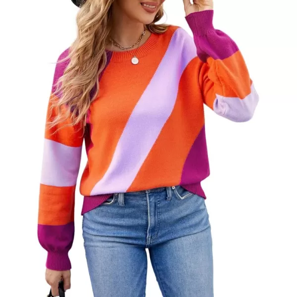 ECOWISH Womens Fall Sweater 2024  Long Sleeve Color Block Patchwork Round Neck Pullover Knit Tops Cute Casual Sweaters363 Rose Pink