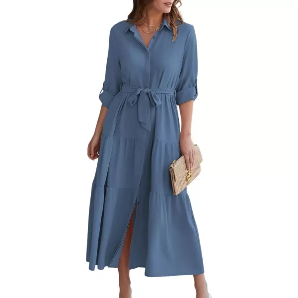 ECOWISH Womens Maxi Shirt Dress  2024 Long Sleeve Button Casual Fall Aline Work Tiered Dresses with Belt and PocketsGray Blue