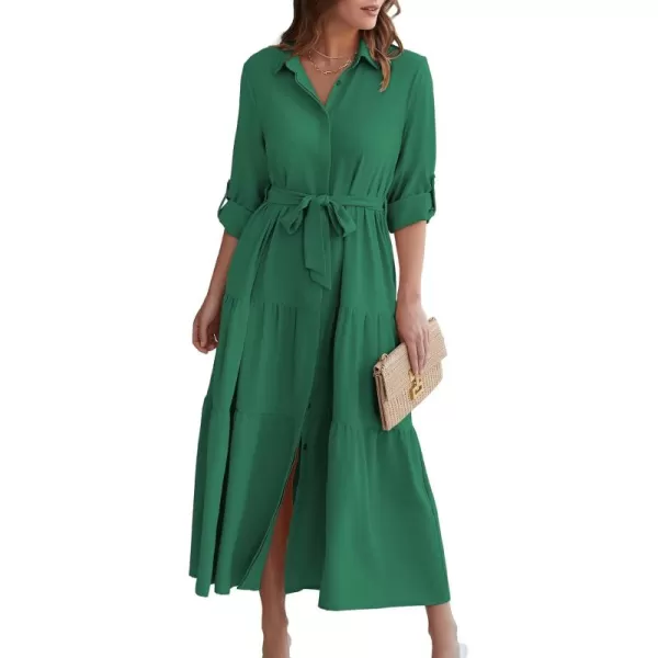 ECOWISH Womens Maxi Shirt Dress  2024 Long Sleeve Button Casual Fall Aline Work Tiered Dresses with Belt and PocketsGreen