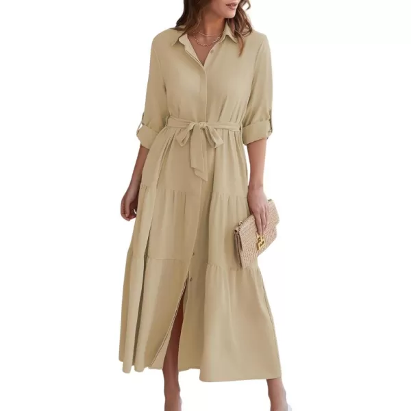 ECOWISH Womens Maxi Shirt Dress  2024 Long Sleeve Button Casual Fall Aline Work Tiered Dresses with Belt and PocketsKhaki