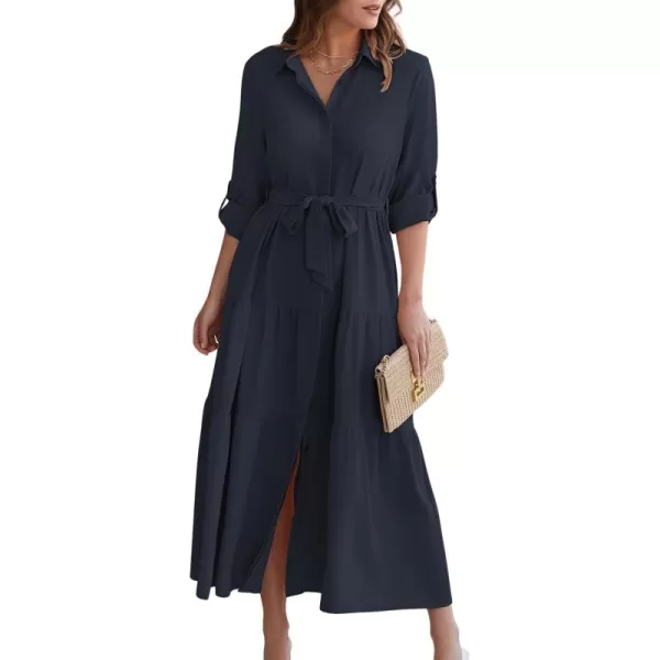 ECOWISH Womens Maxi Shirt Dress  2024 Long Sleeve Button Casual Fall Aline Work Tiered Dresses with Belt and PocketsNavy