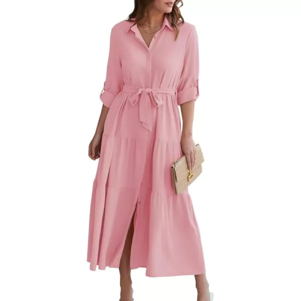 ECOWISH Womens Maxi Shirt Dress  2024 Long Sleeve Button Casual Fall Aline Work Tiered Dresses with Belt and PocketsPink