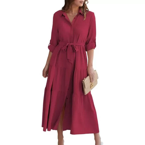ECOWISH Womens Maxi Shirt Dress  2024 Long Sleeve Button Casual Fall Aline Work Tiered Dresses with Belt and PocketsWine Red