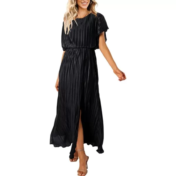 ECOWISH Womens Summer Maxi Dresses Crew Neck Ruffle Cocktail Dress Sexy Pleated Slit Long SundressesBlack