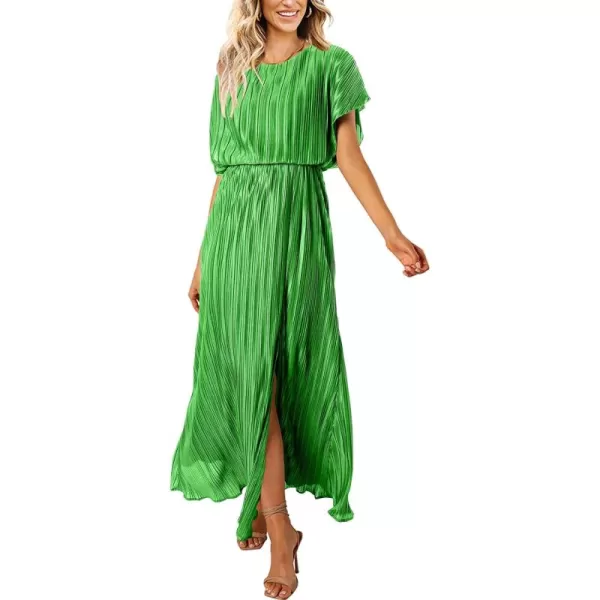 ECOWISH Womens Summer Maxi Dresses Crew Neck Ruffle Cocktail Dress Sexy Pleated Slit Long SundressesBrilliant Green